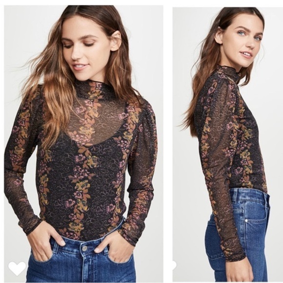 Free People Tops - Free People Amber Black Floral Print Mesh Mock Neck Top Size Medium
